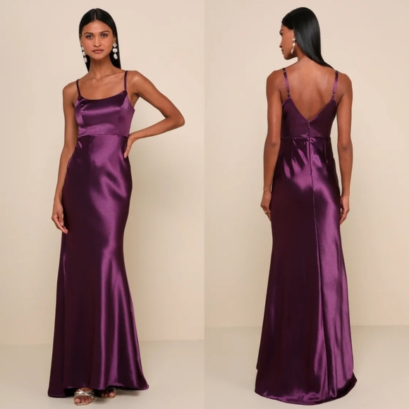 Lulus Dresses & Skirts - Lulus Make You Shine Dark Purple Satin Mermaid Maxi Dress XS Wedding Party Prom